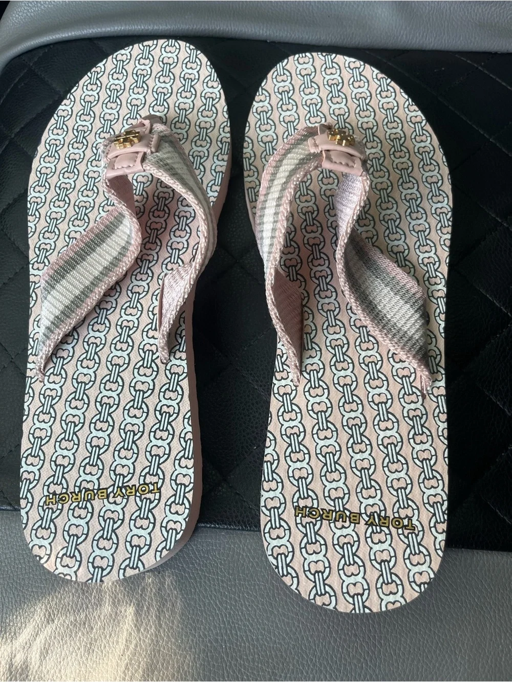 Tory Burch Pink & Cream And Grey Patterned Logo Thong Sandals
